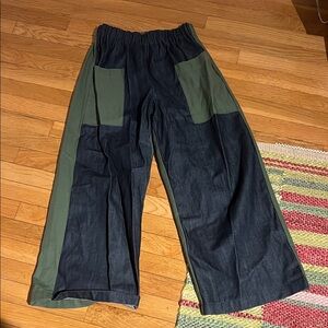 Handmade one of a kind green/blue denim barrel jeans